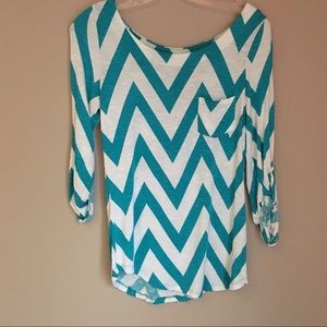 DNA Couture 3/4 Sleeve Shirt, Teal Chevron, Small